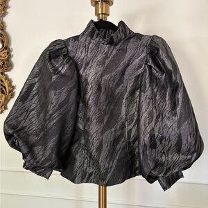 Ganni Black and Silver Puff Sleeve Blouse